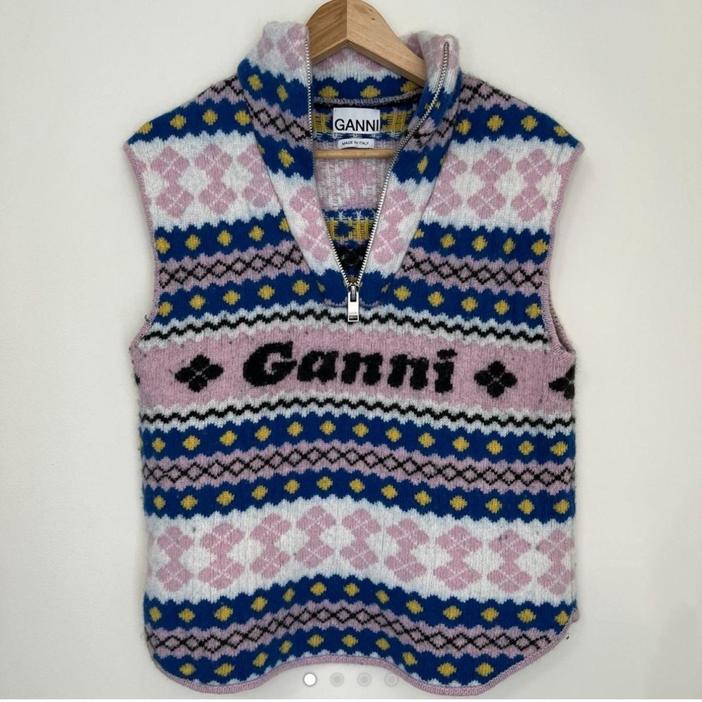 Ganni Wool Jacquard Zipper Vest